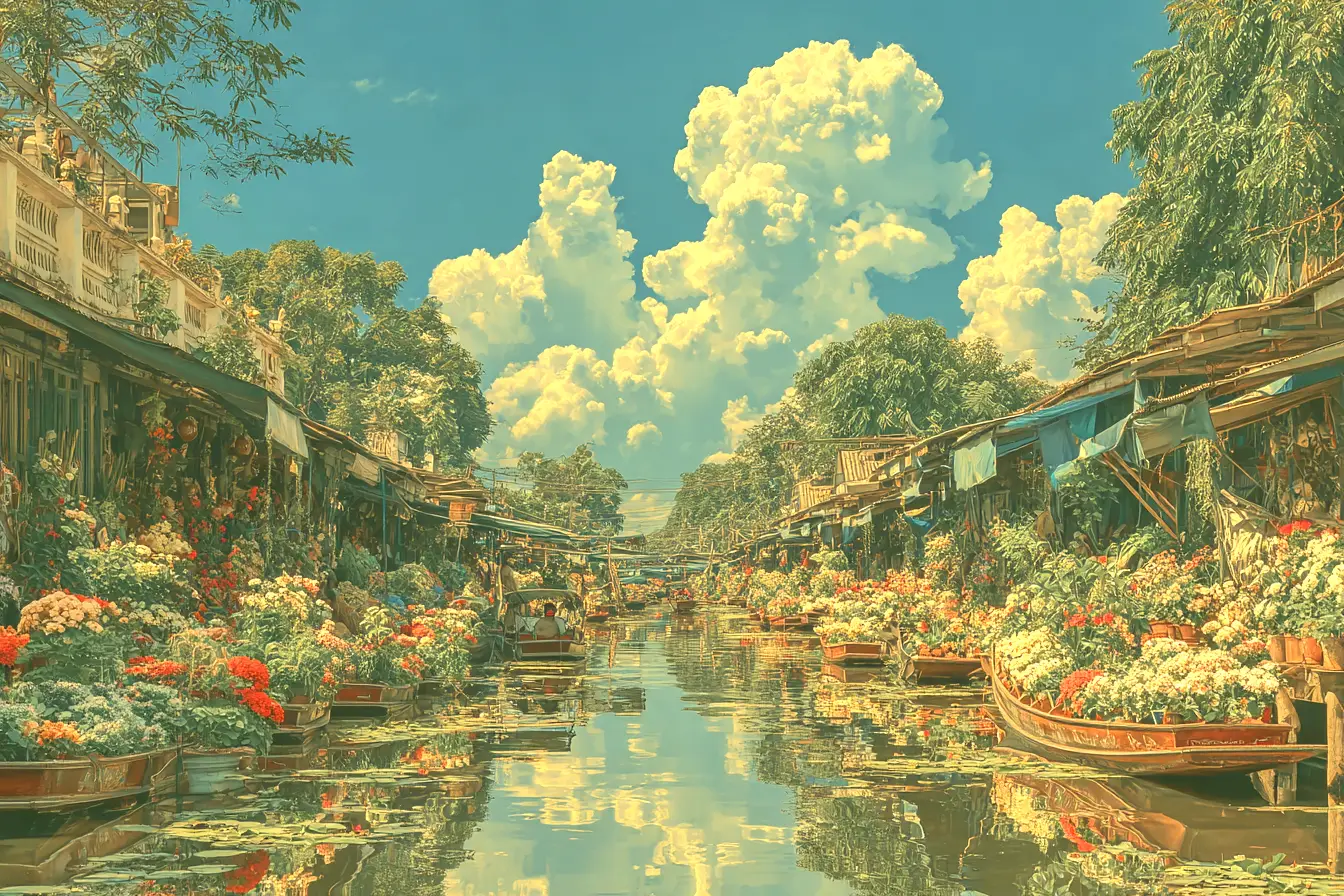 A floating market of laden trading boats along a still canal