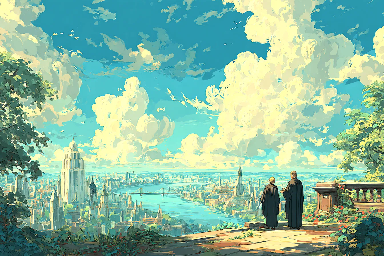 Two robed figures on a terrace above a river city under summer clouds